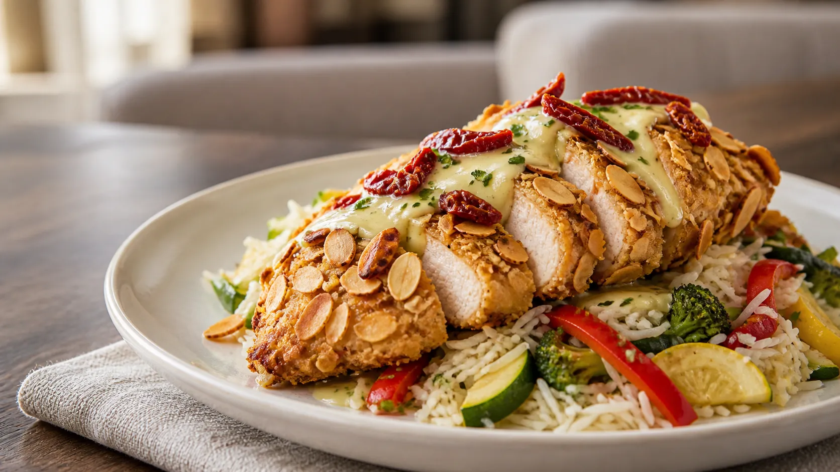 Editorial plate of sliced almond-crusted chicken with pale lemon cream sauce, sun-dried tomatoes, basmati rice, and vegetables