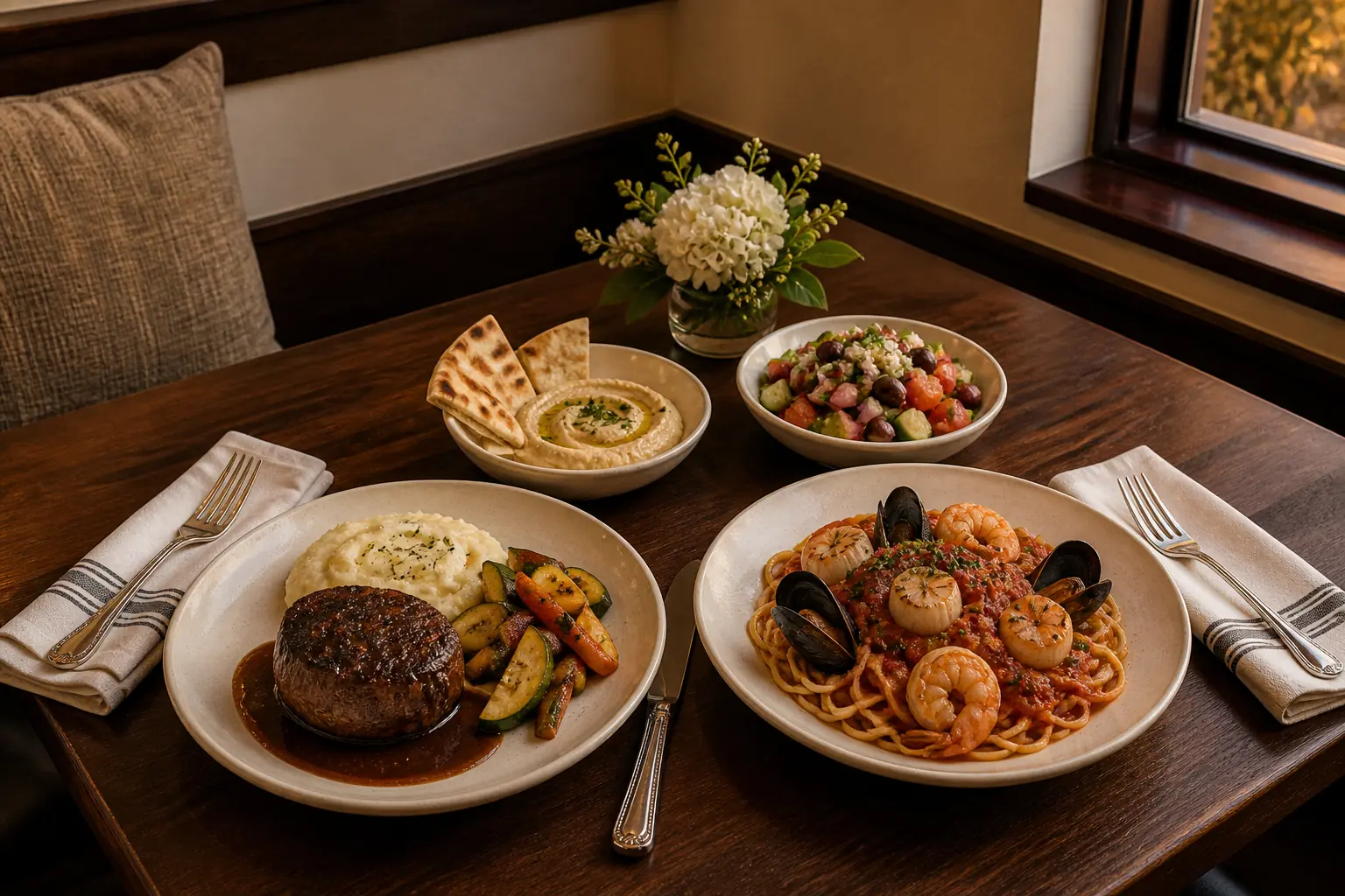 Two-person anniversary table with shared hommous and salad, filet mignon, and seafood linguine in spicy marinara