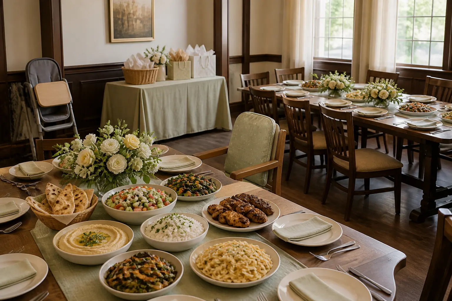 Accessible baby shower dining room with clear aisles, supportive seating, high chair, gifts, flowers, and family-style food