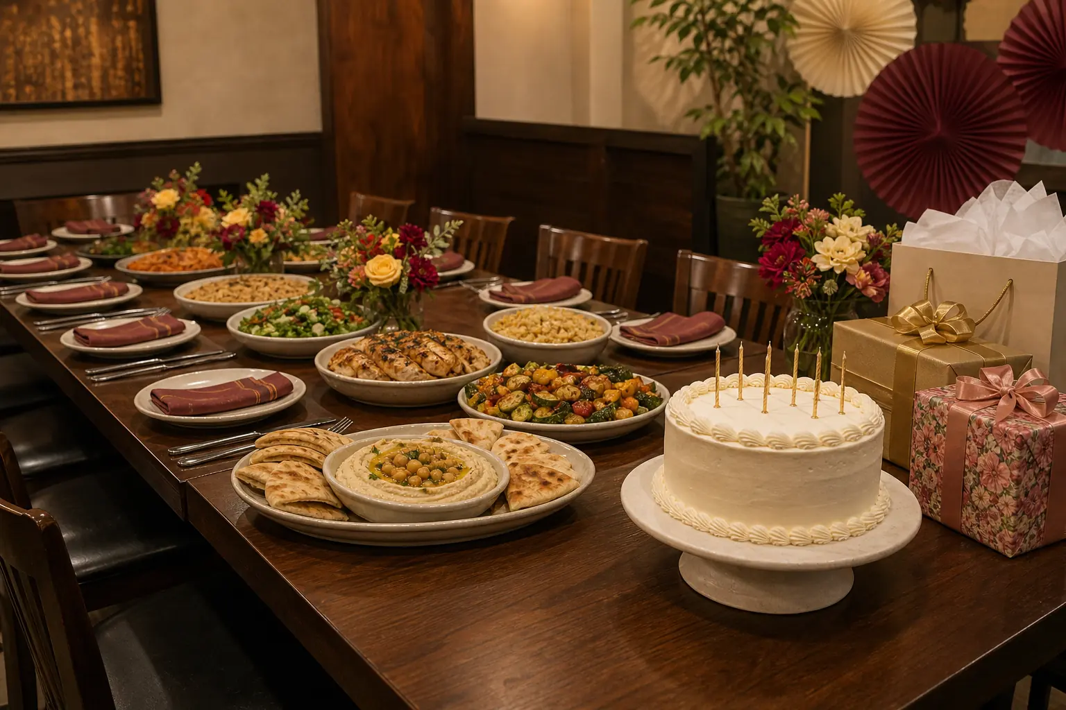 Birthday restaurant table with family-style Italian and Mediterranean food, wrapped gifts, flowers, and a simple cake