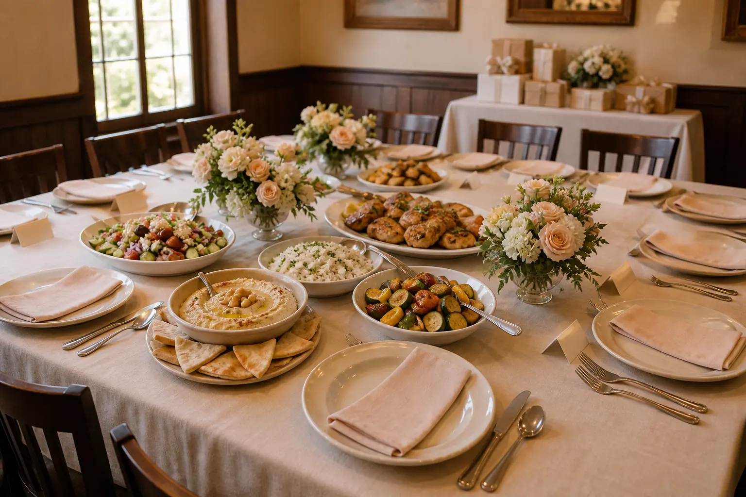 Bridal shower restaurant table with blush flowers, gifts, hommous, salad, rice, vegetables, chicken, and family-style place settings