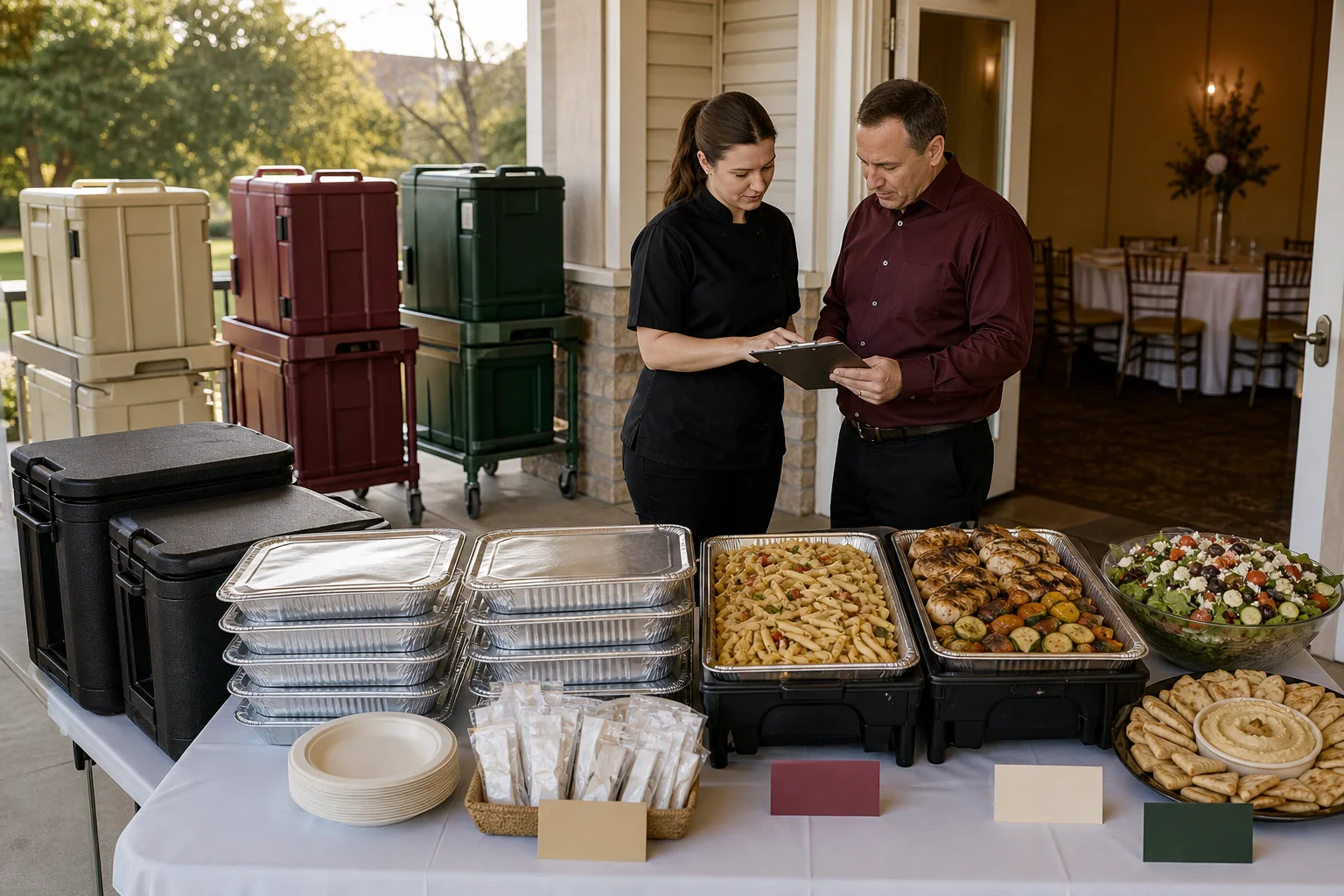 Restaurant catering handoff with insulated carriers, covered trays, pasta, chicken, vegetables, salad, hommous, pita, plates, and blank food labels