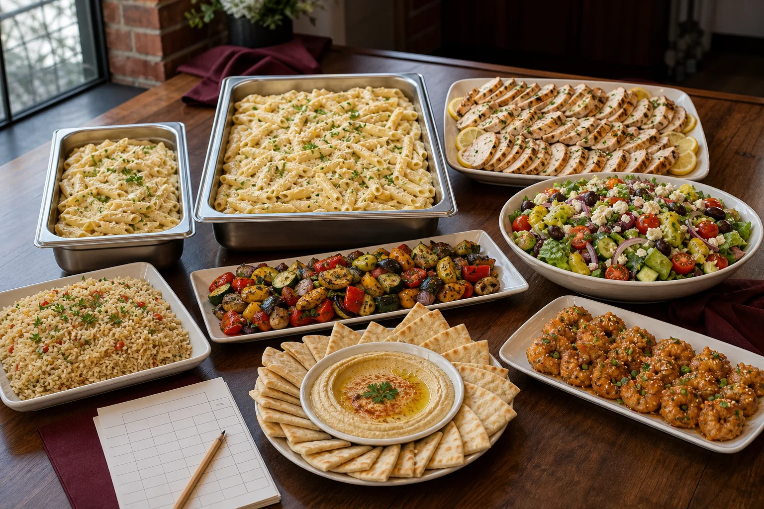 Overhead Italian and Mediterranean catering spread with different tray sizes, salads, hommous, pita, rice, vegetables, chicken, pasta, and shrimp
