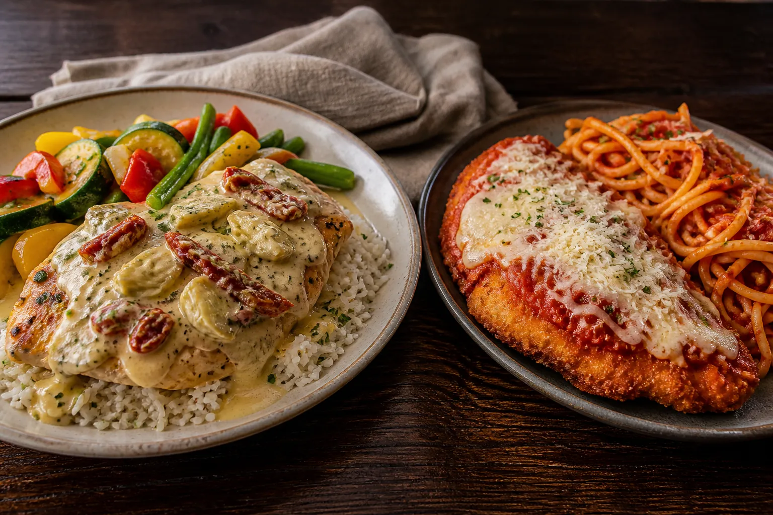 Chicken Piccata with artichokes, sun-dried tomatoes, rice, and vegetables beside Chicken Parmesan with marinara and linguine