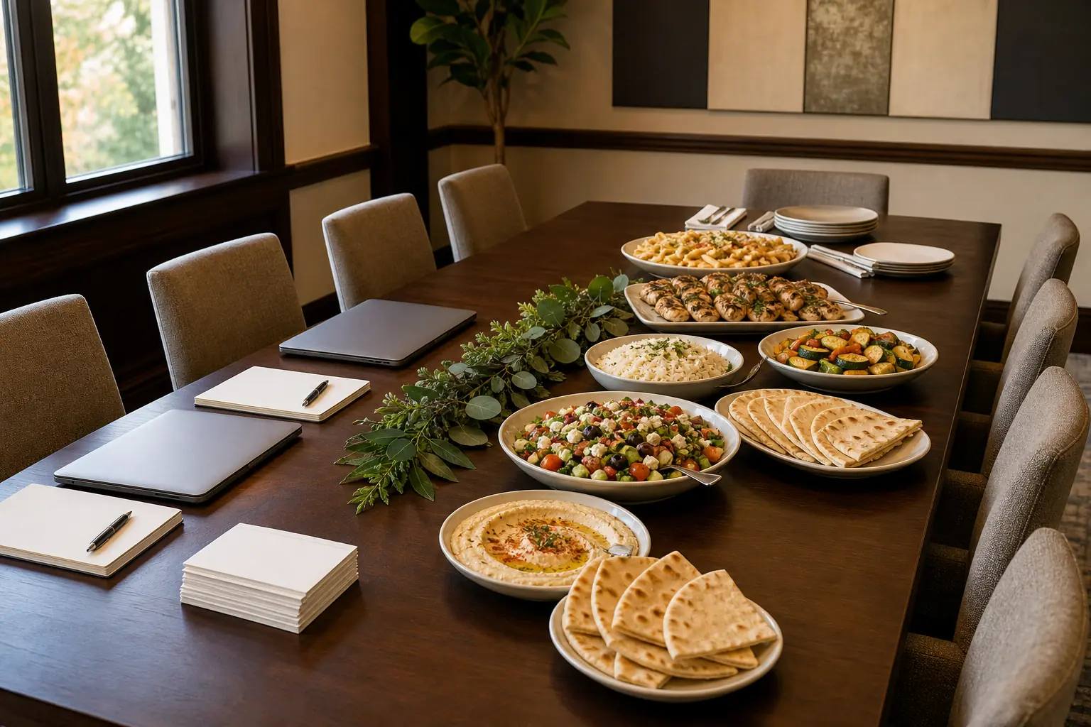 Corporate meeting table with closed laptops and notebooks beside family-style hommous, salad, rice, vegetables, chicken, pasta, and pita