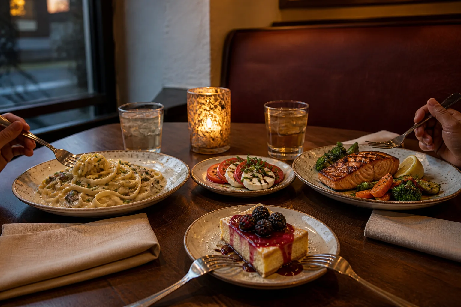 An intimate dinner for two with pasta, grilled salmon, caprese, water, iced tea, and a shared berry dessert