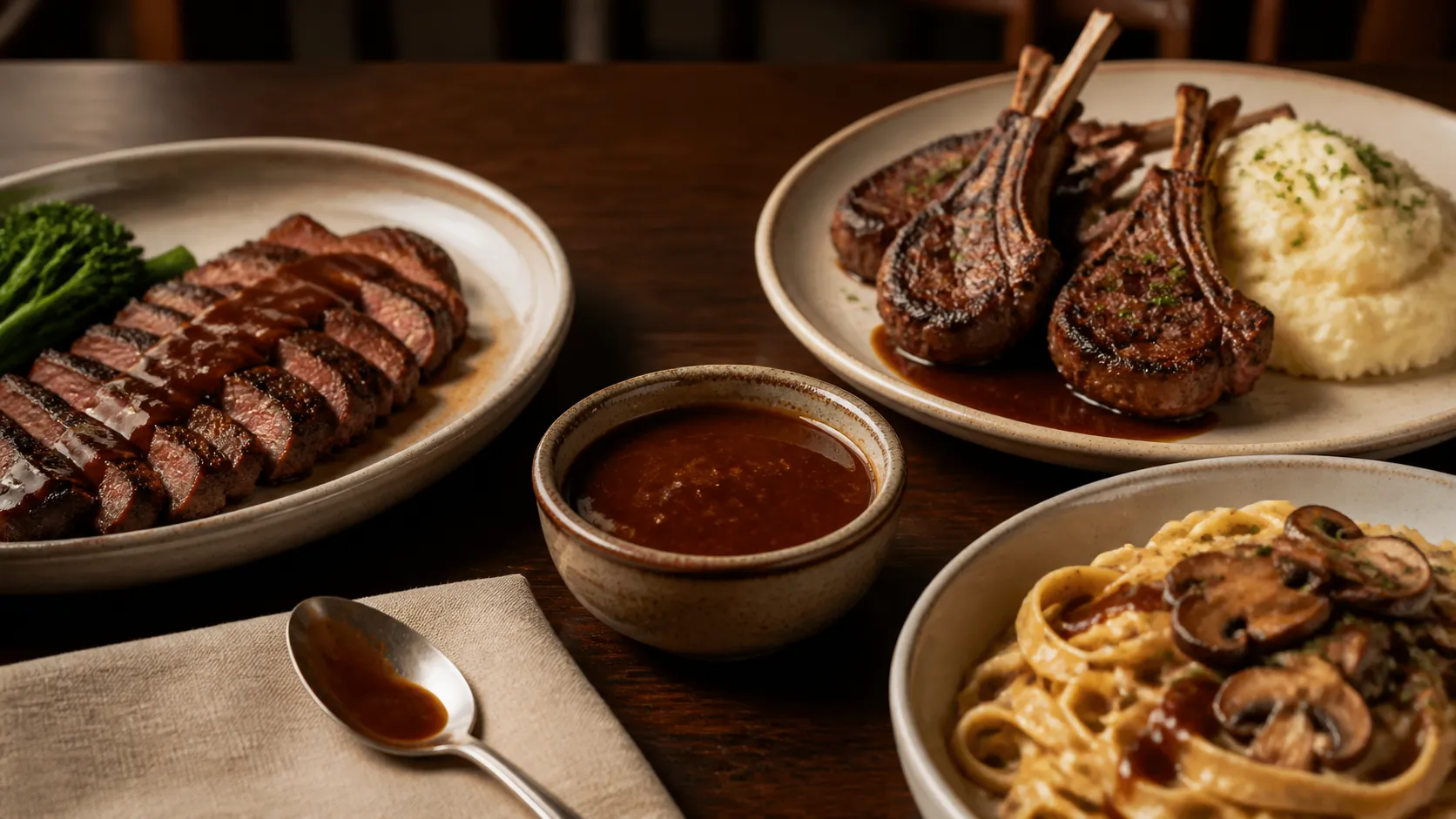 Editorial spread showing glossy brown zip-style sauce with sliced steak, grilled lamb chops, mashed potatoes, and mushroom fettuccine