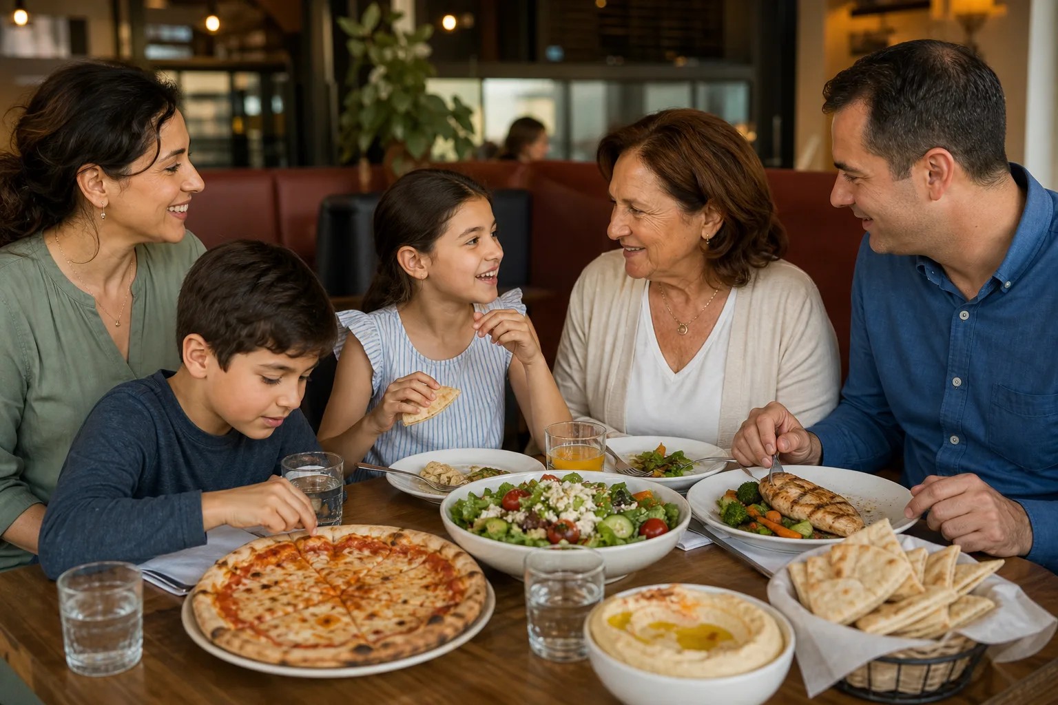 A multigenerational family sharing pizza, grilled chicken, salad, hommous, pita, water, and juice
