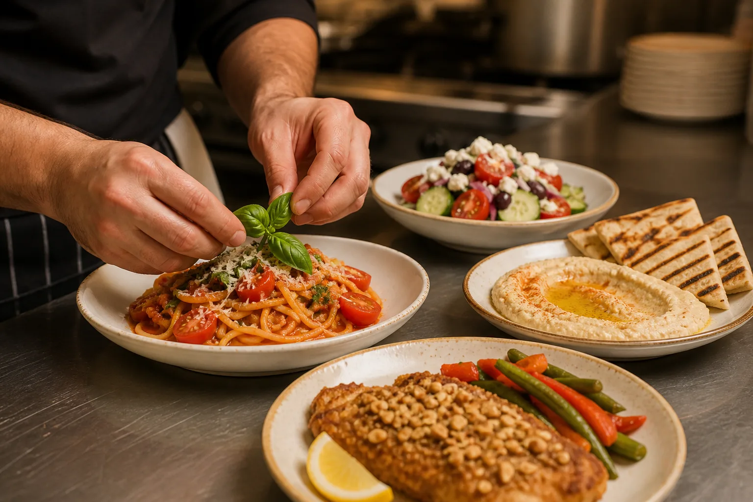 A cook finishing pasta beside hommous, Mediterranean salad, and an almond-crusted entrée