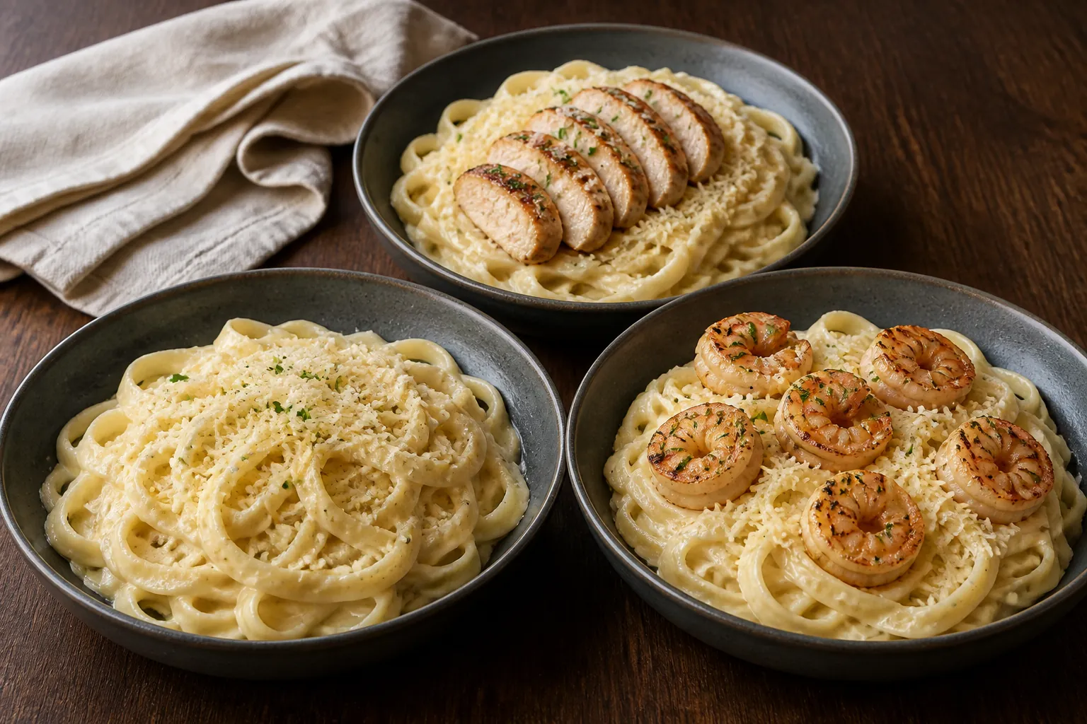 Three bowls of Fettuccine Alfredo shown classic, with sliced grilled chicken, and with six grilled shrimp
