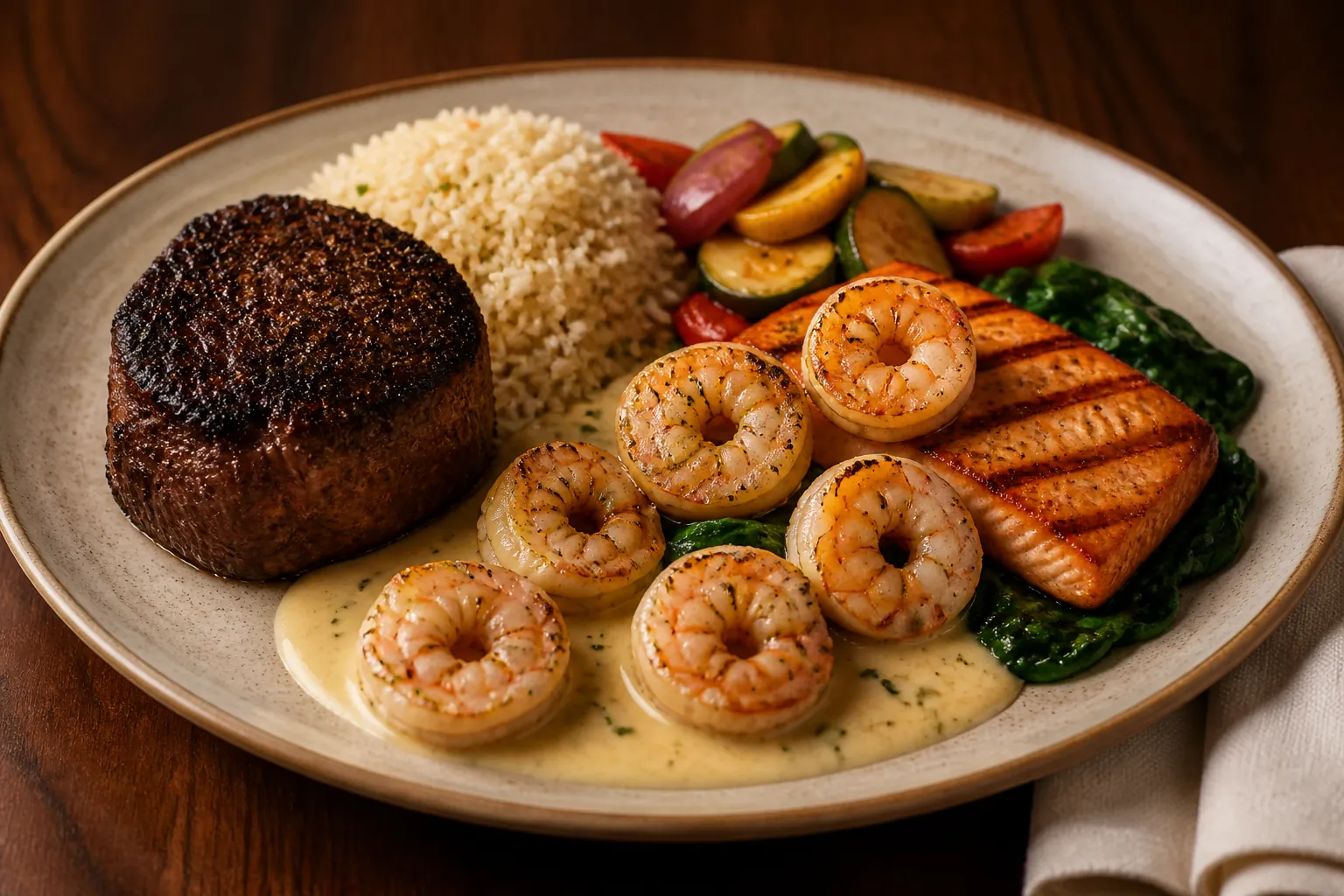 Filet mignon, grilled salmon, and six jumbo shrimp with lemon cream, basmati rice, spinach, and sautéed vegetables