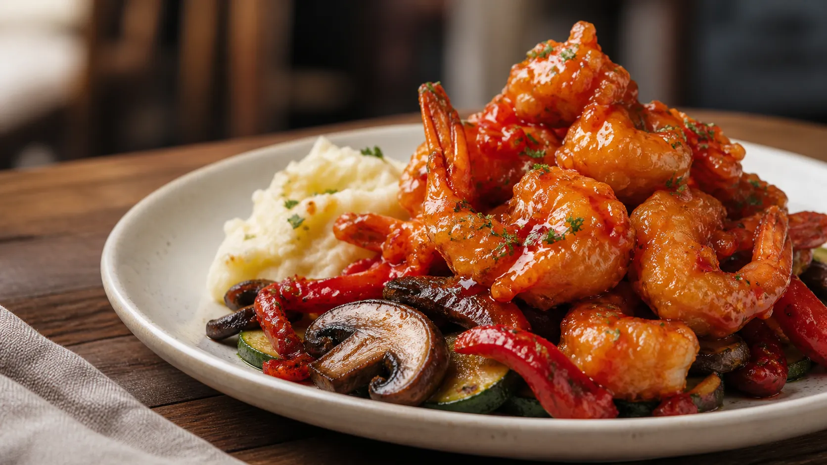 Close editorial plate of crispy shrimp glazed in amber-red firecracker sauce with mushrooms, peppers, potatoes, and vegetables