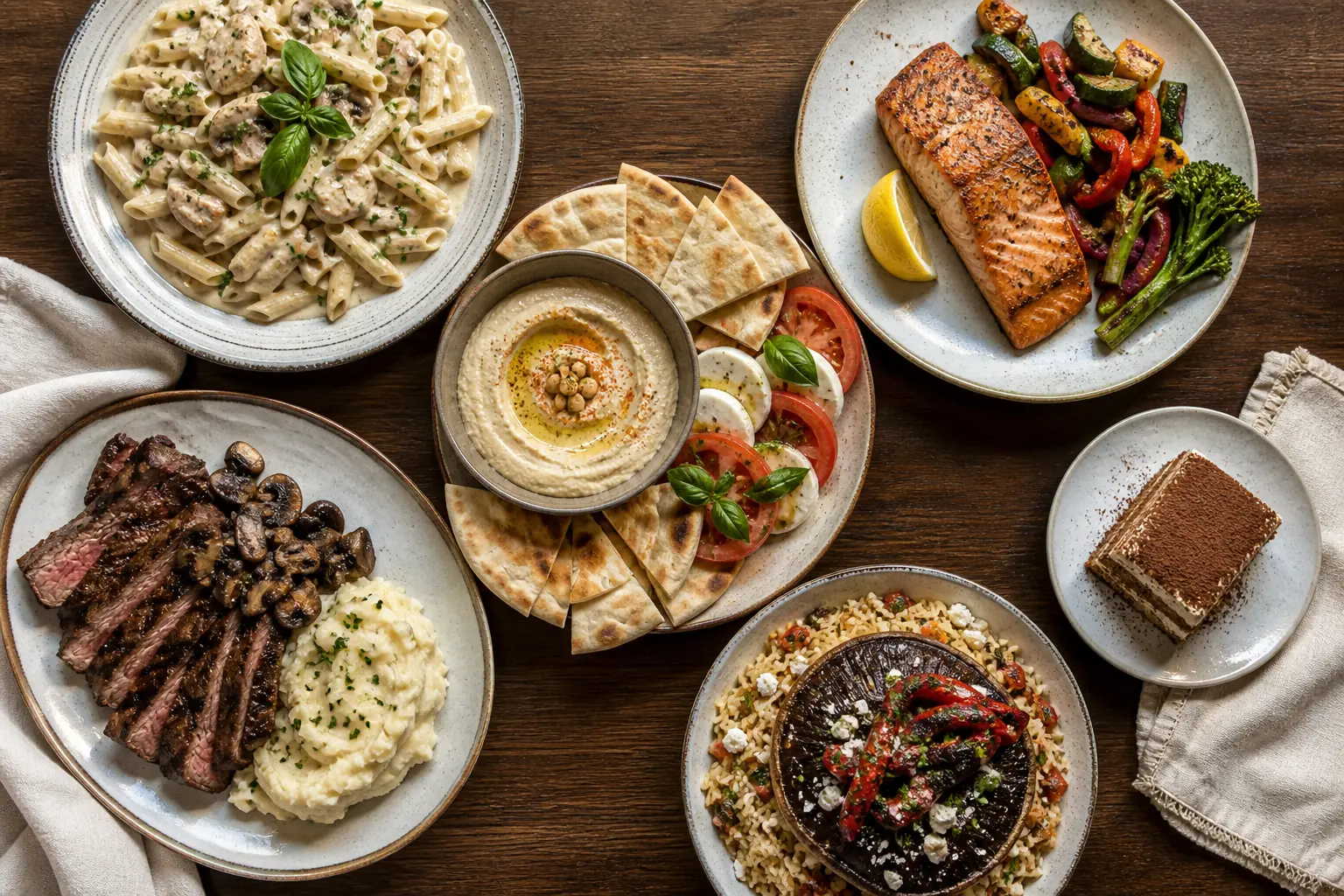 An overhead menu spread with pasta, salmon, steak, hommous, caprese, vegetarian rice, pita, and tiramisu