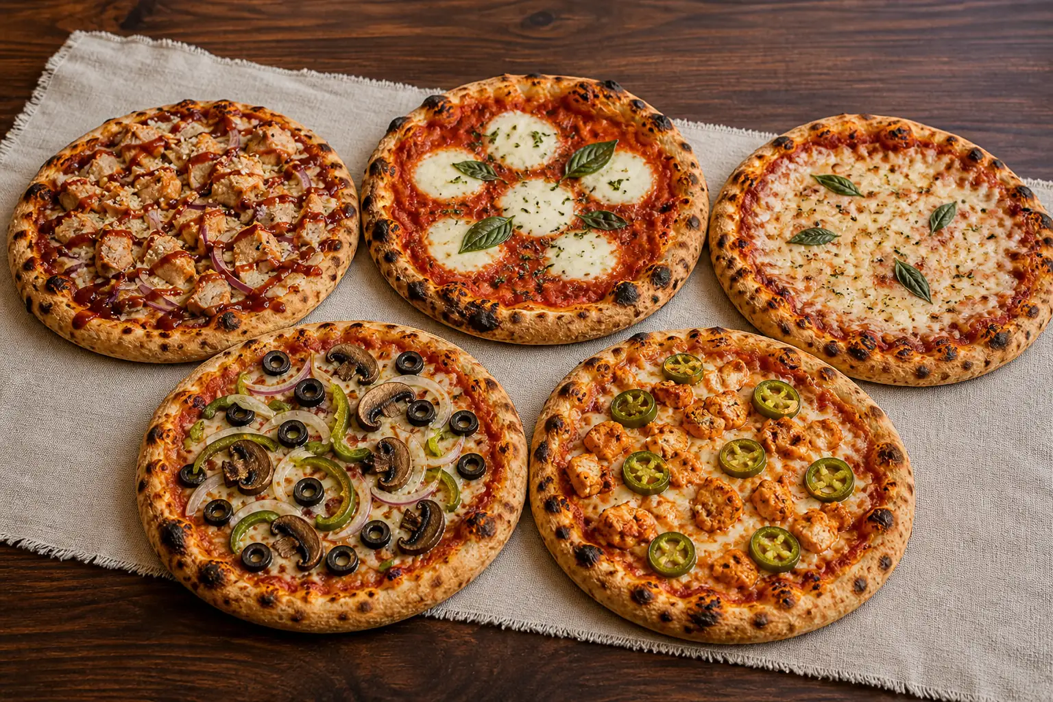 Five gourmet pizzas including BBQ chicken, Margherita, cheese, veggie, and Buffalo chicken arranged for comparison