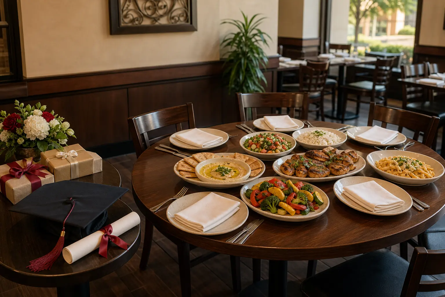 Graduation dinner table with hommous, salad, rice, vegetables, chicken, pasta, cap, diploma, flowers, and gifts