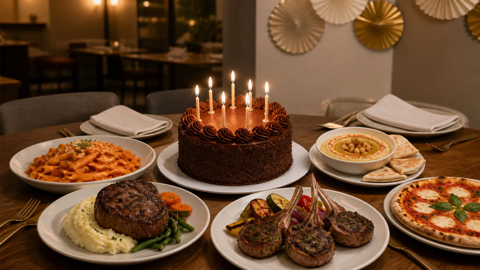 Editorial birthday table with chocolate cake, candles, filet, lamb chops, pasta, hommous, pita, and pizza
