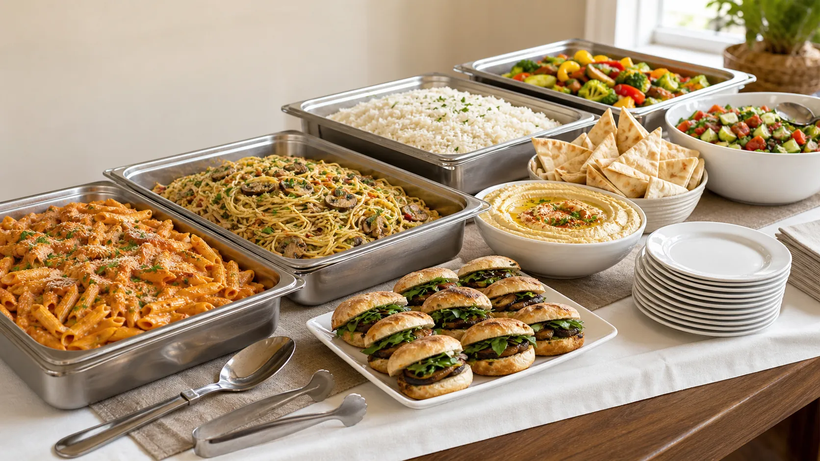 Editorial catering buffet with trays of pasta, rice, vegetables, hommous, pita, salad, and vegetarian portobello sandwiches