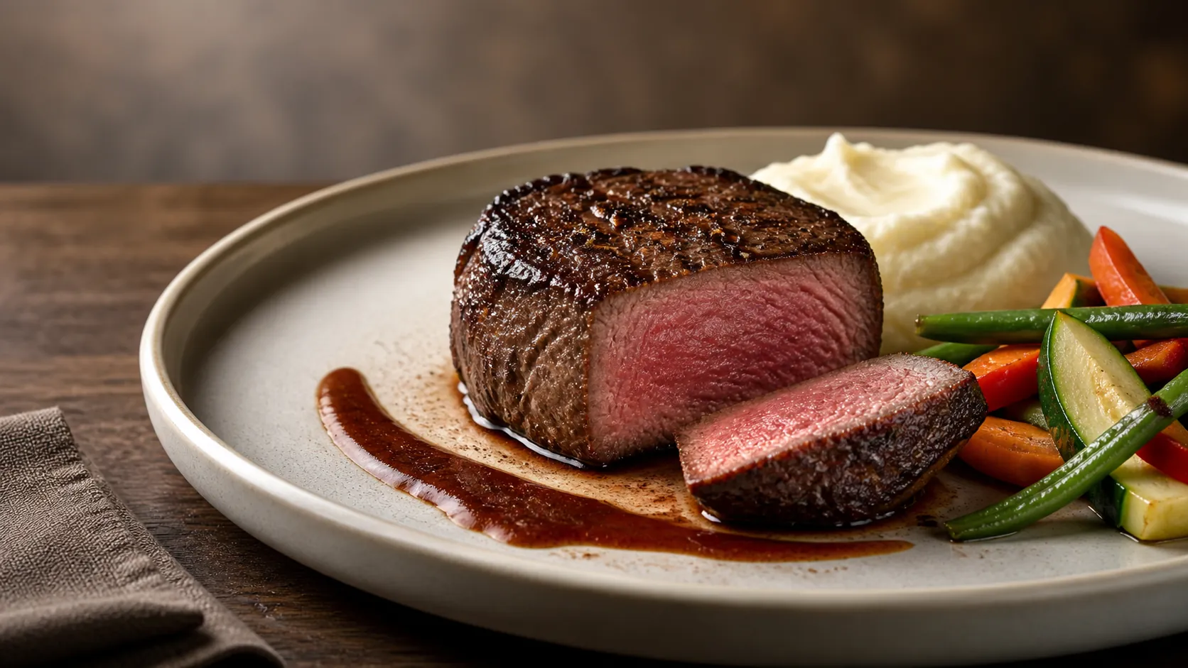 Close editorial view of sliced medium filet mignon with savory zip sauce, mashed potatoes, and sautéed vegetables