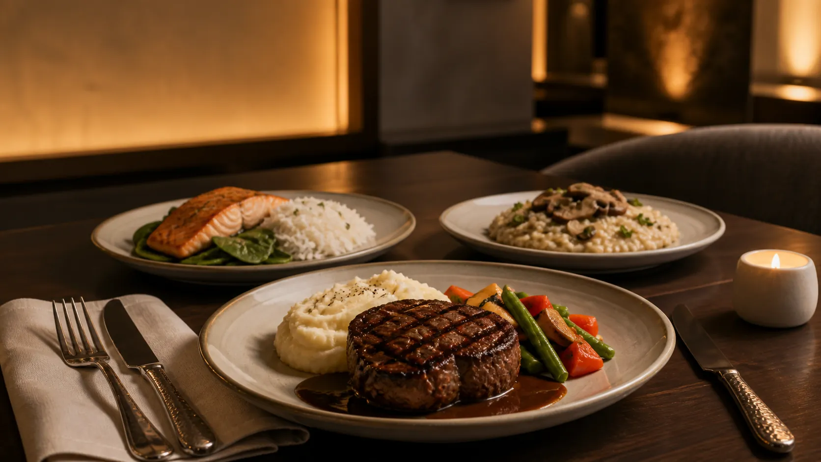 Elegant editorial dinner table with grilled filet, mashed potatoes, vegetables, salmon, mushroom risotto, linen, and candlelight