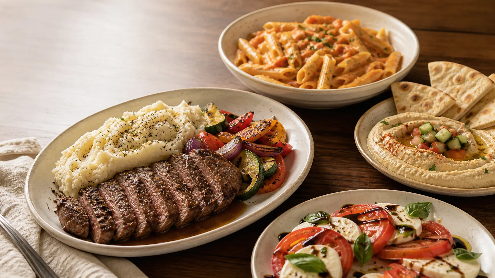 Editorial spread of grilled steak, mashed potatoes, vegetables, penne, hommous, pita, and Caprese salad on a wooden table
