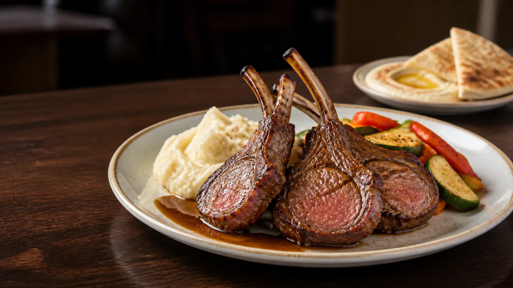 Editorial plate of three charbroiled lamb chops with mashed potatoes, sautéed vegetables, savory sauce, hommous, and pita