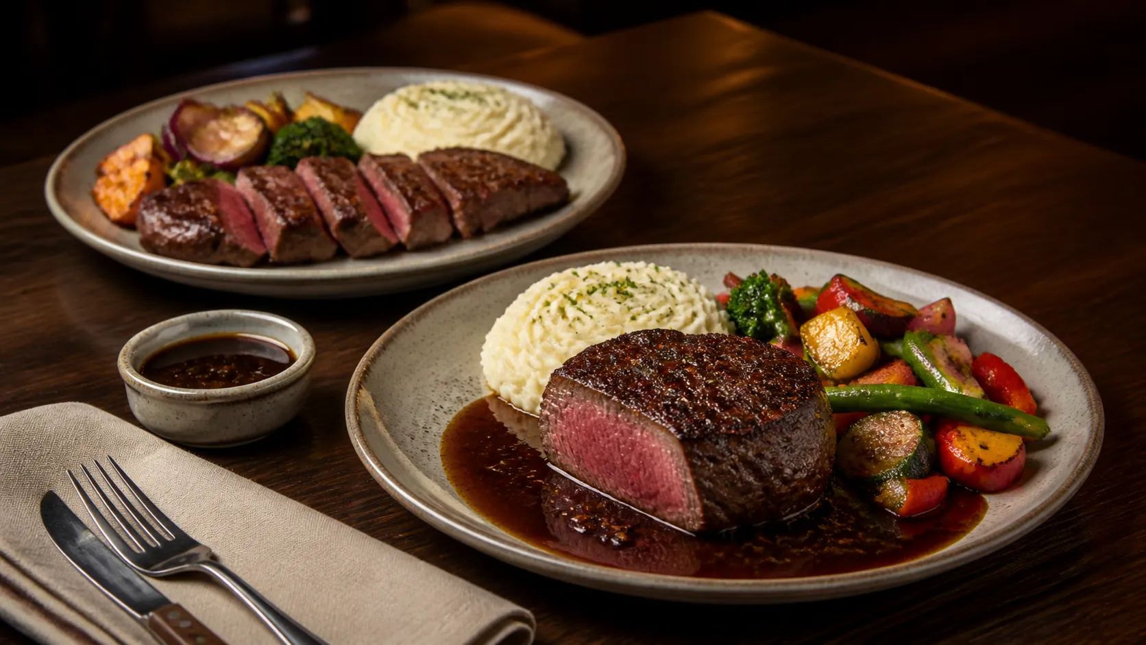 Two editorial steak plates with filet, New York strip, mashed potatoes, vegetables, and savory sauce on a dark wooden table