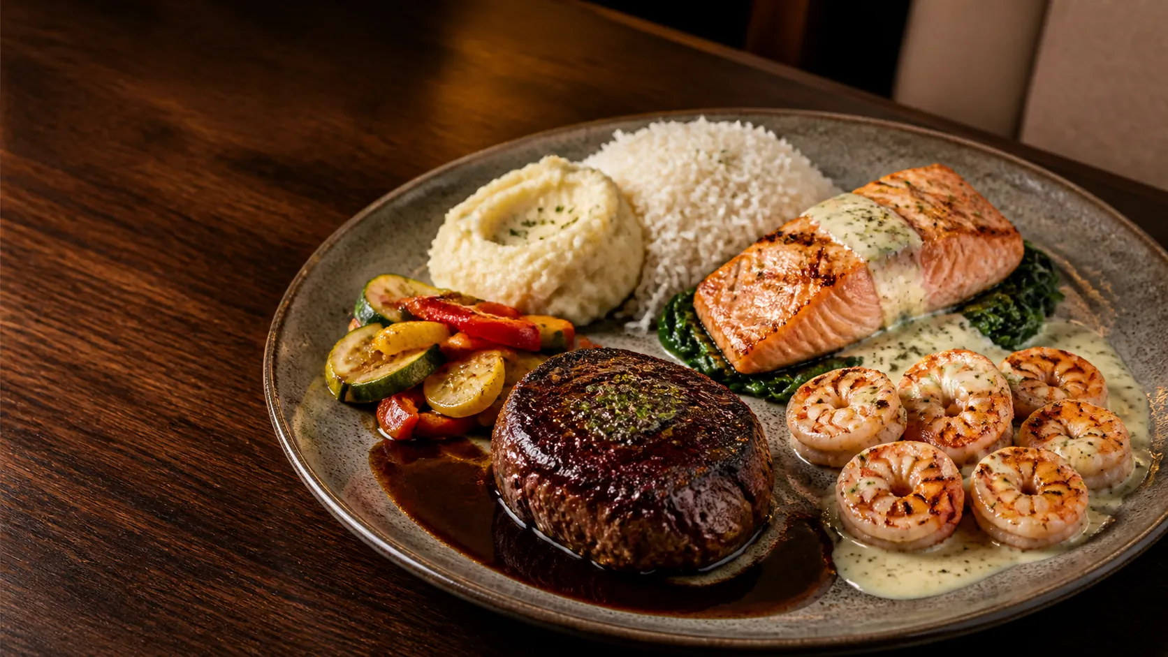 Editorial surf-and-turf plate with filet mignon, grilled salmon, six grilled shrimp, rice, potatoes, vegetables, and savory sauces