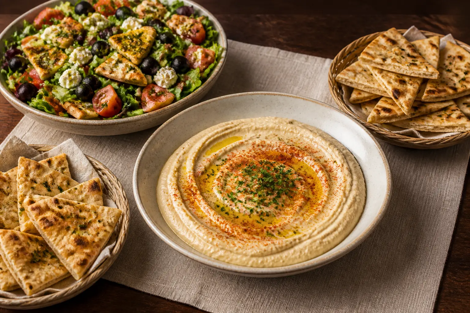 Family-style hommous with olive oil, parsley, and paprika surrounded by Mediterranean salad and baskets of warm pita