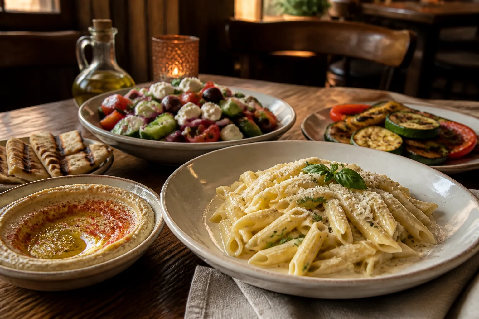 An editorial spread of creamy pasta, hommous, Mediterranean salad, grilled pita, and vegetables