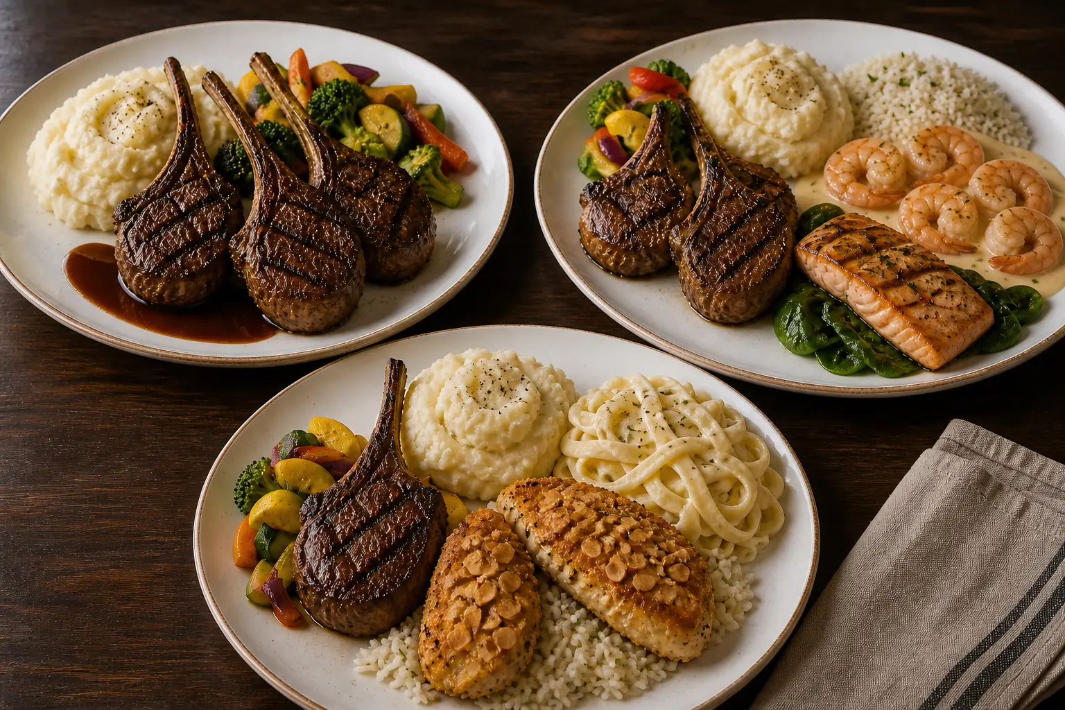 Three lamb chop dinner routes with a three-chop plate, salmon-shrimp-lamb combination, and almond-chicken Alfredo sampler