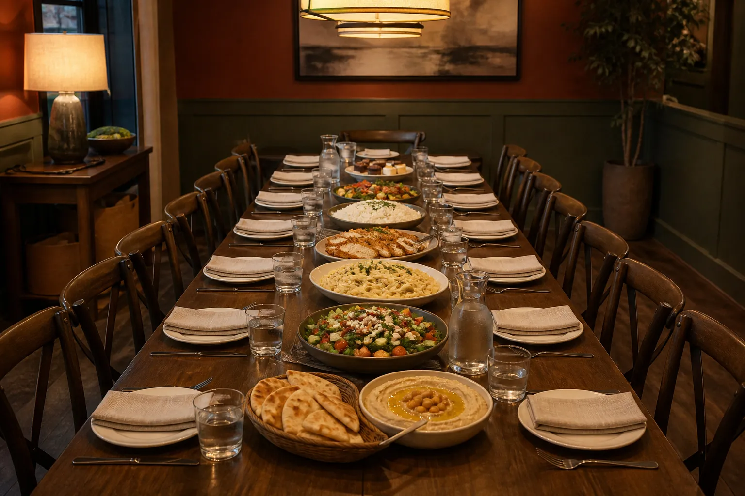 A long group-dining table set with family-style hommous, salad, pasta, chicken, rice, vegetables, desserts, and water