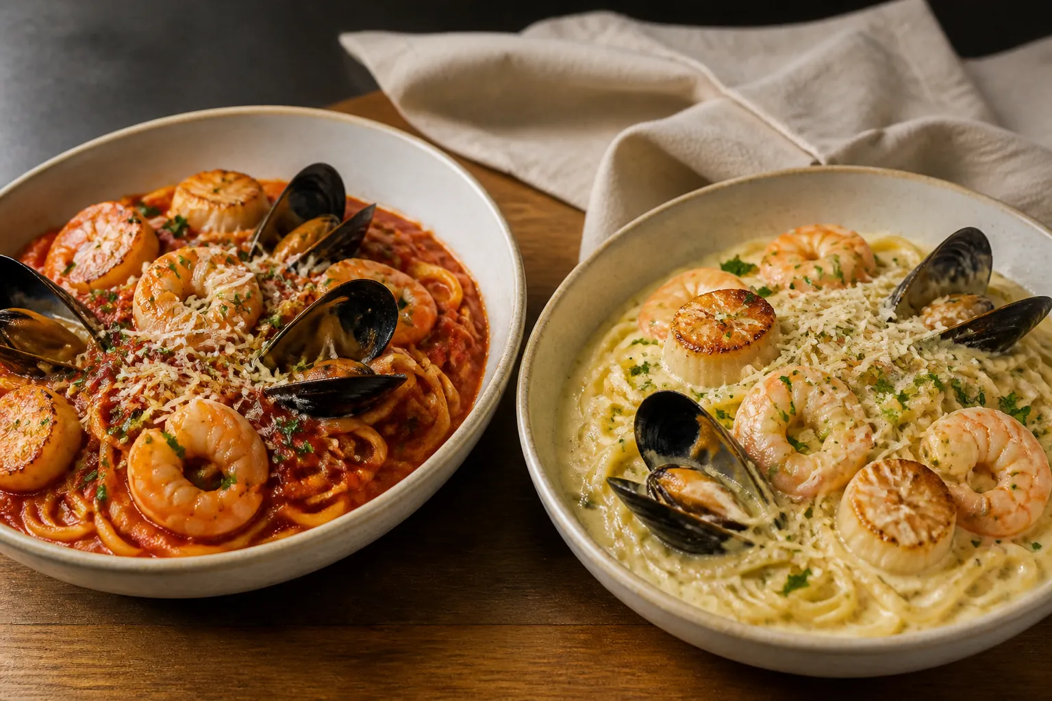 Two bowls of linguine with shrimp, scallops, and mussels, one in spicy marinara and one in lemon garlic cream sauce