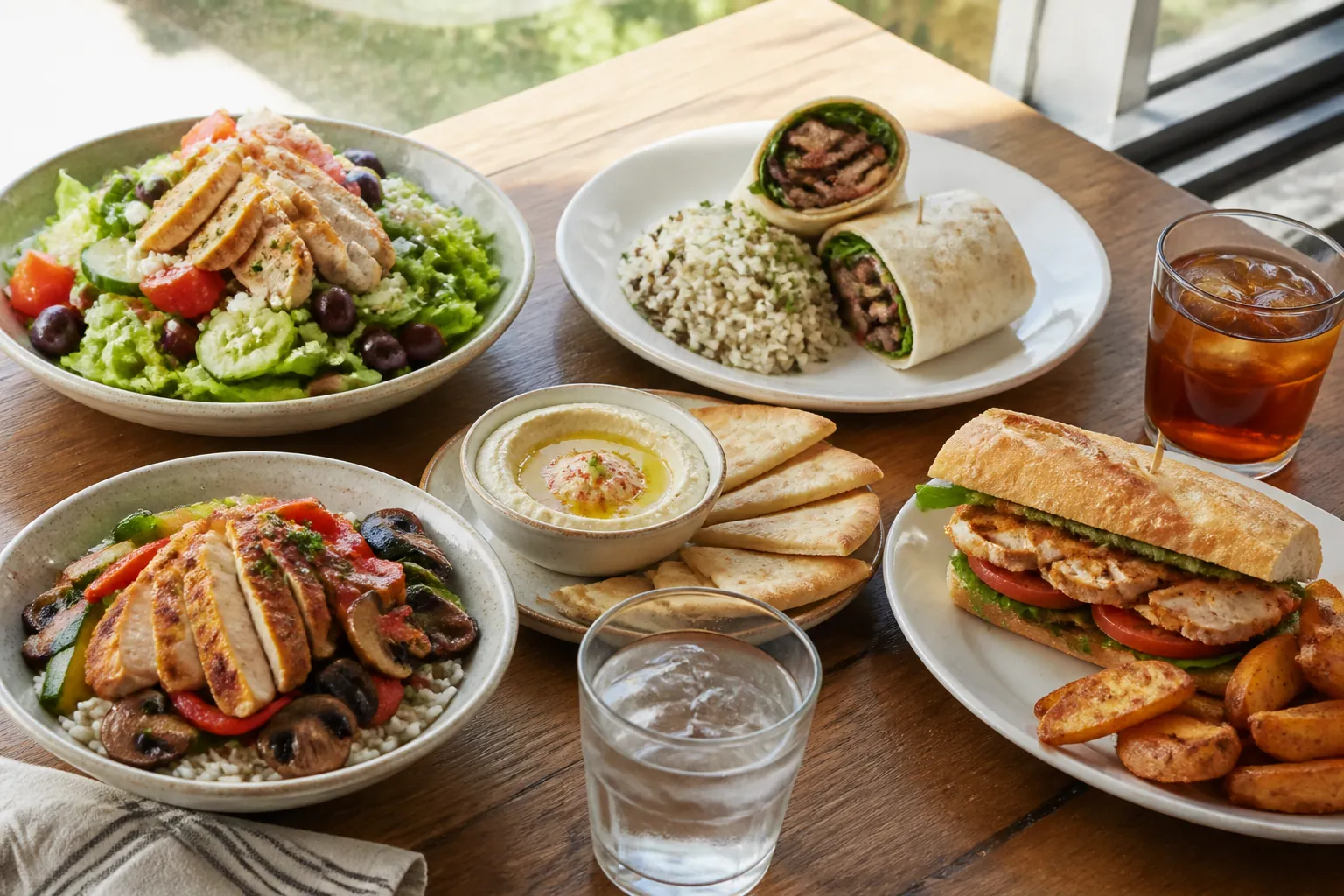 A bright lunch spread with grilled chicken salad, steak rollup, chicken rice bowl, chicken baguette, hommous, pita, water, and iced tea