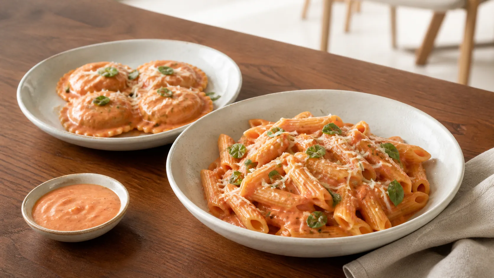 Editorial plates of penne and four mushroom ravioli coated in rosy Palomino-style creamy tomato sauce with basil and Parmesan