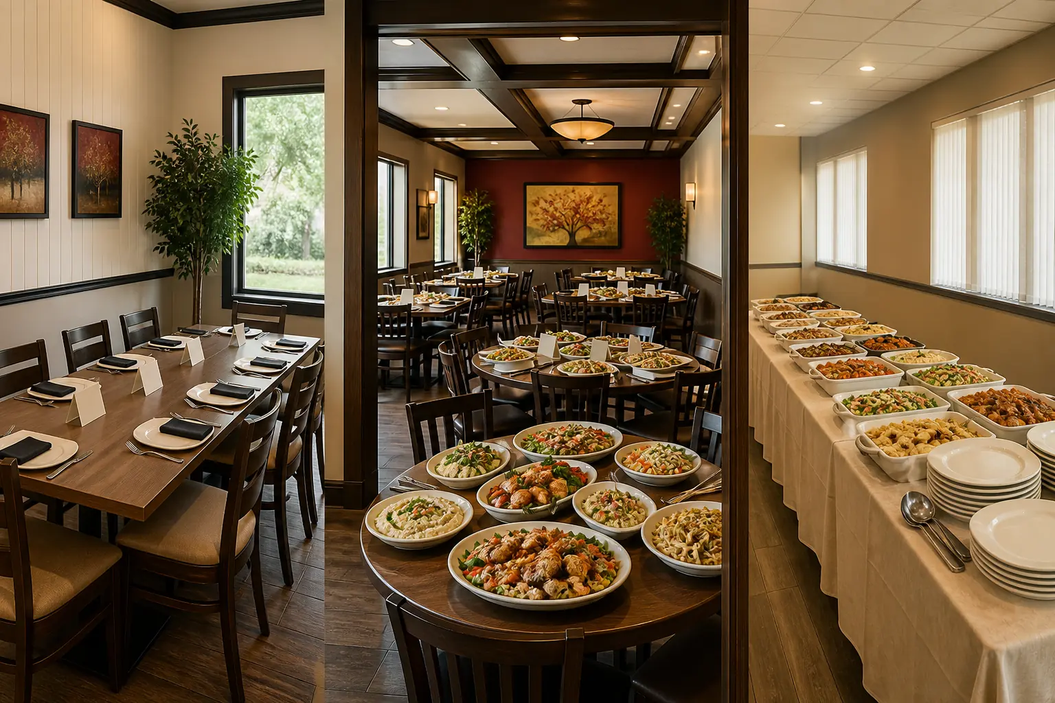 Three event formats showing a regular group table, full private dining room with family-style food, and off-site catered buffet