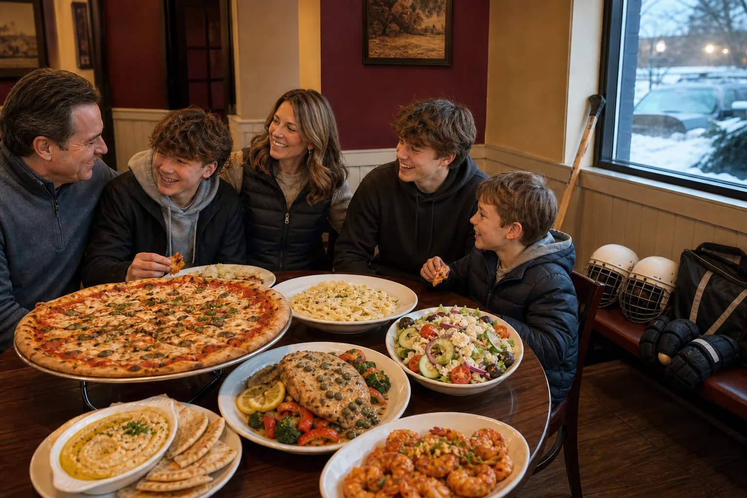 Family sharing pizza, pasta, chicken piccata, salad, hommous, pita, and shrimp beside plain unbranded hockey equipment
