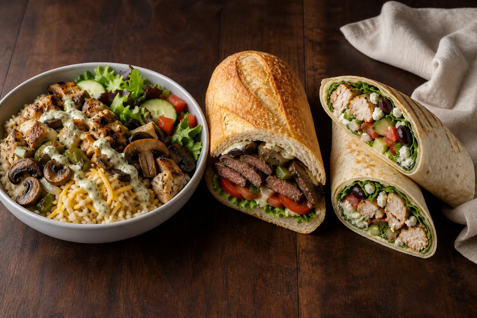 Chicken Portobello rice bowl beside a steak Portobello baguette and sliced Mediterranean chicken rollup