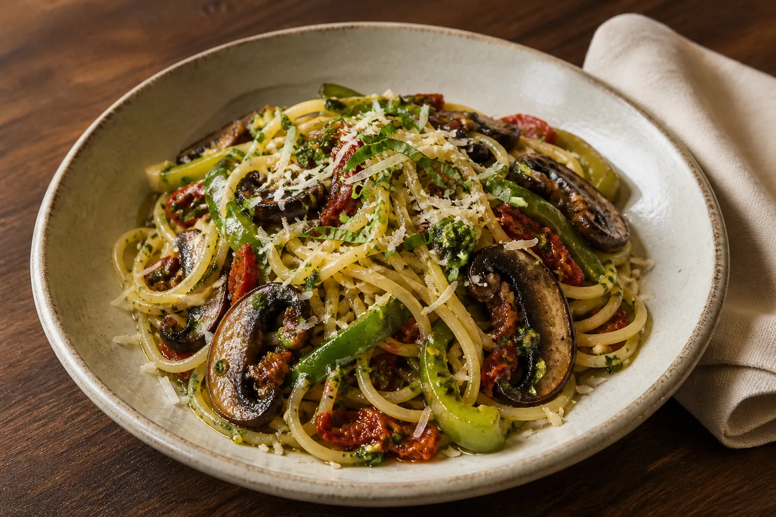 Spaghetti Aglio Olio with Portobello mushrooms, green pepper, sun-dried tomatoes, pesto, Parmesan, and basil