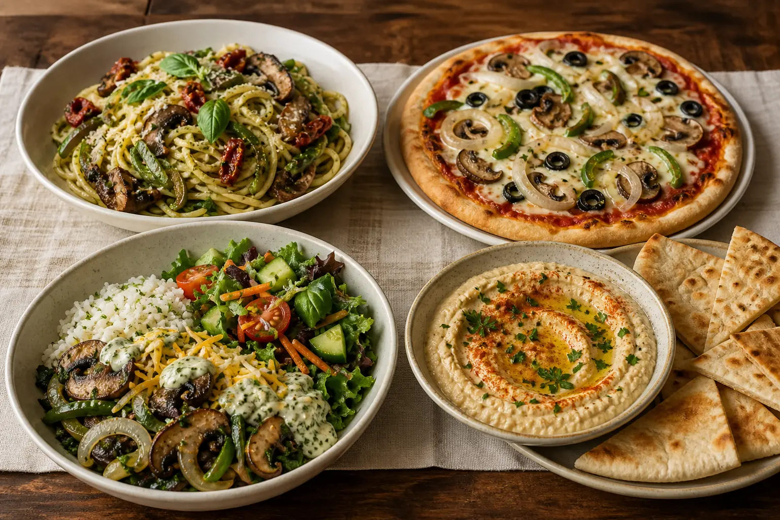 Vegetarian spread with vegetable spaghetti, veggie pizza, Portobello rice bowl, house salad, hommous, and pita