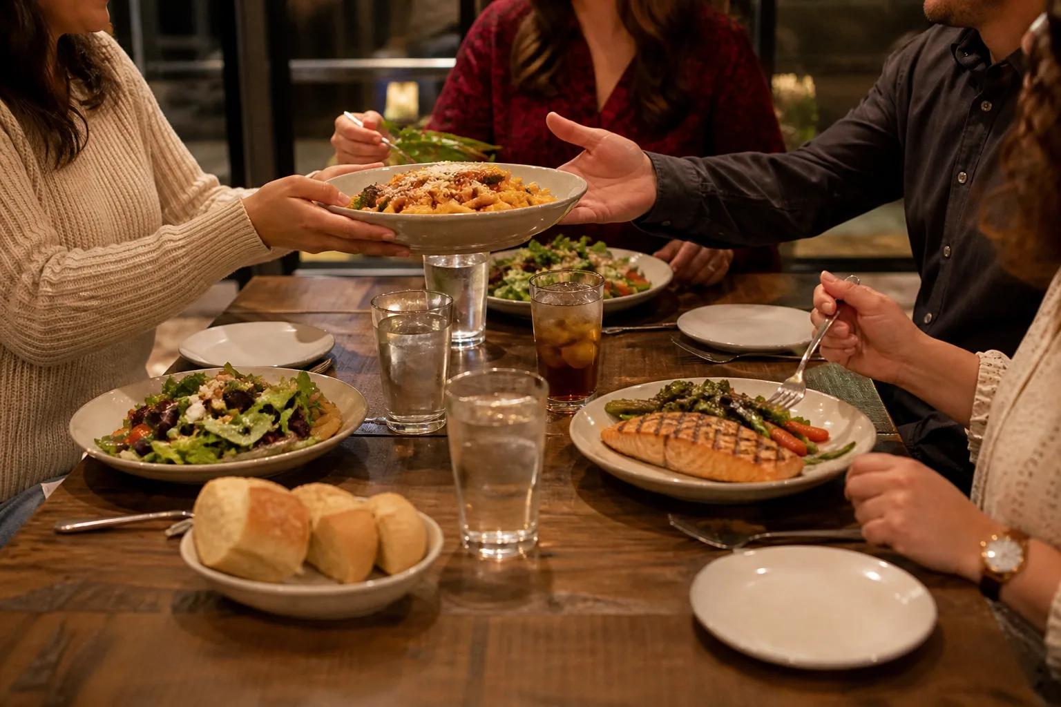 Friends passing a pasta dish around a warm neighborhood restaurant dinner table